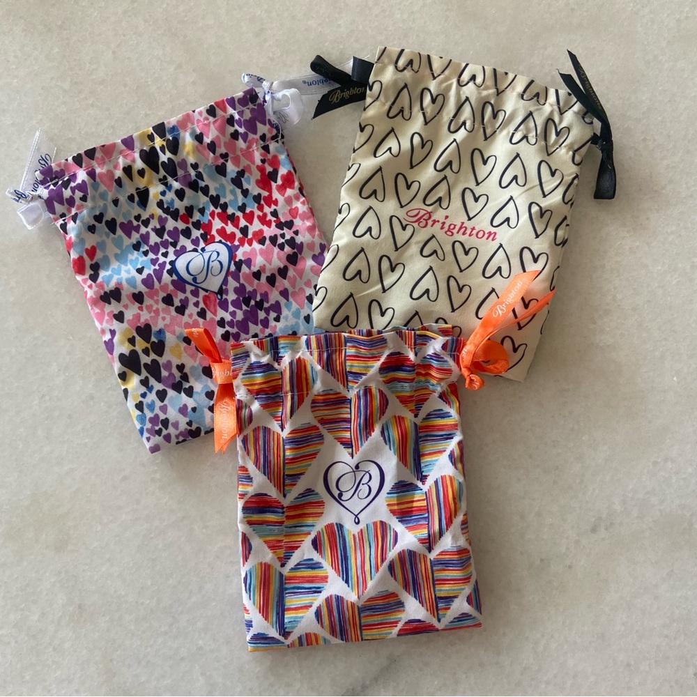 Brighton Drawstring Fabric Jewelry Pouch Dust Gift Bag Colorful Hearts Lot Of 3